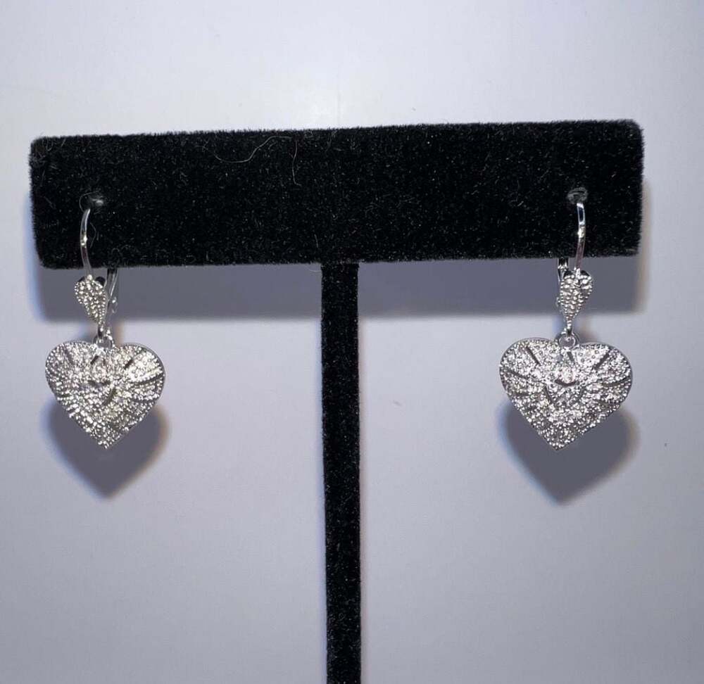 Sterling Silver CZ Pave Heart Drop Leverback Earrings 925